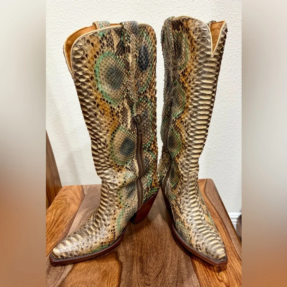 Dan Post Snakeskin Heeled Boots in Brown and Green - Picture 4 of 6